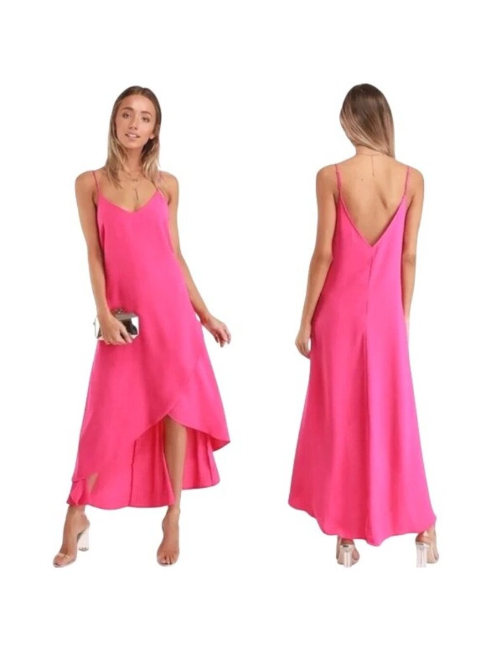 Lulus Sweet Surprise Bright Pink Asymmetrical Hem Maxi Dress Spaghetti Straps XS